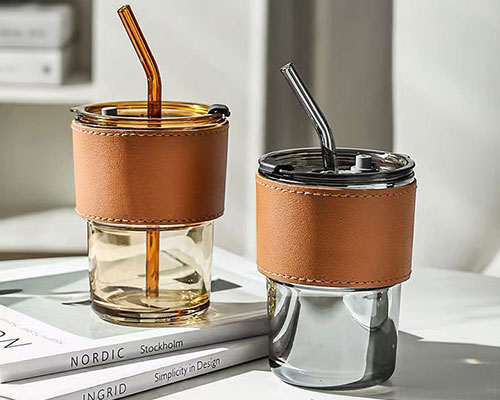 Glass Cup with Leather Protective Sleeve