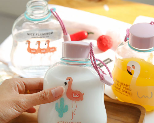 Flat Glass Bottle with Flamingo Pattern