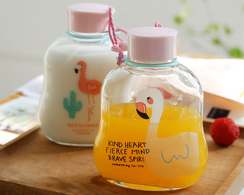 Glass Water Bottle with Flamingo Pattern