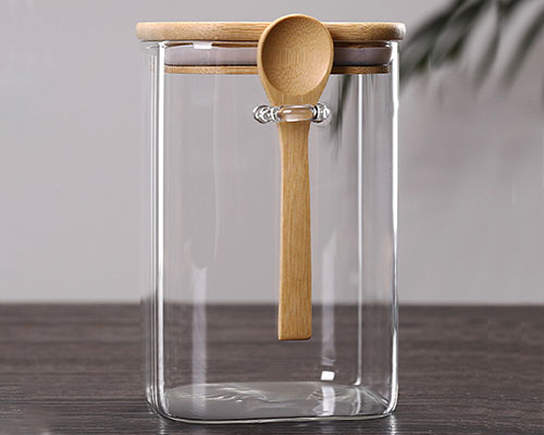 Square Clear Glass Jar With Lid and Spoon