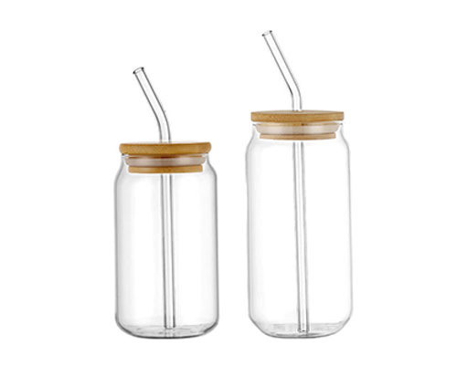 Glass Drinking Bottle with Glass Straw and Wooden Lid