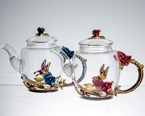 Glass Sttping Teapots with France Enamel Flower Butterfly Decoration