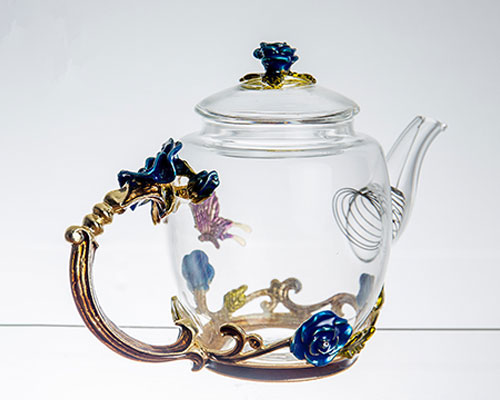 Glass Tea Pot with Enamel Rose Flower Butterfly