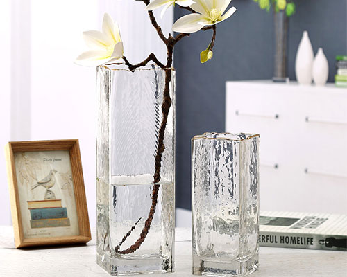 Square Tall Glass Vase with Gold Rim