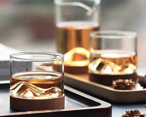 Whiskey Glass Cups with Wooden Base