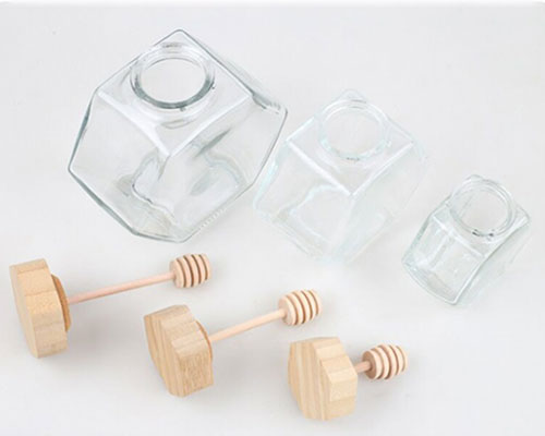 Hexagon Shape Honey Containers with Wooden Dippers