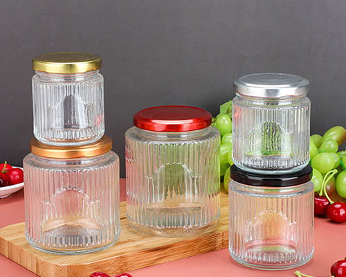 Empty Striped Round Glass Honey Jars