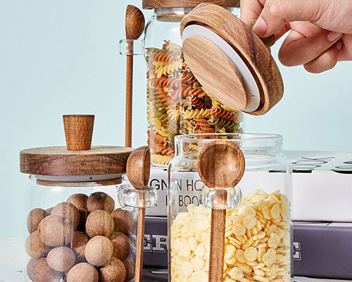 Glass Storage Jars with Wooden Lids and Spoons