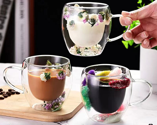 Double Insulated Flower Glass Coffee Mugs