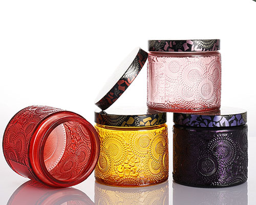 Embossed Colored Glass Jars with Lids